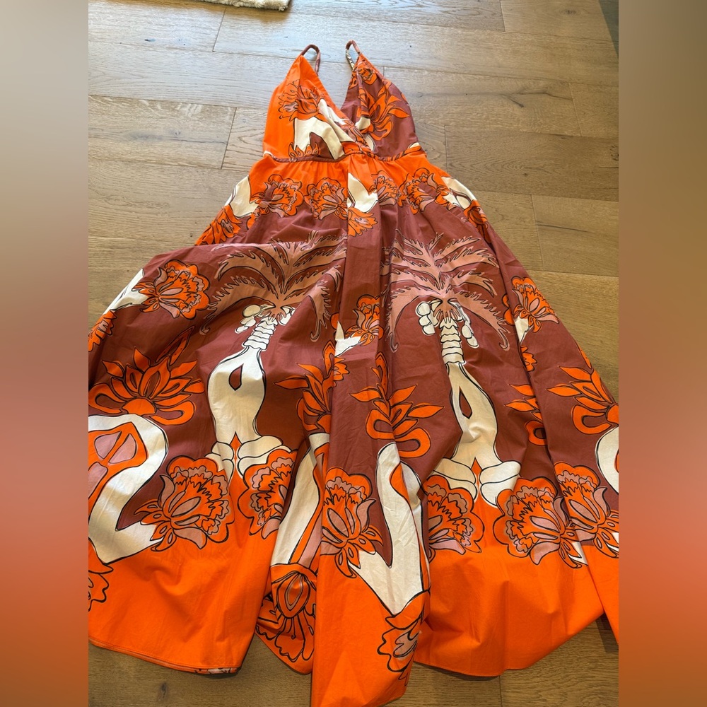 Johanna Ortiz Orange Brown Floral Midi Dress